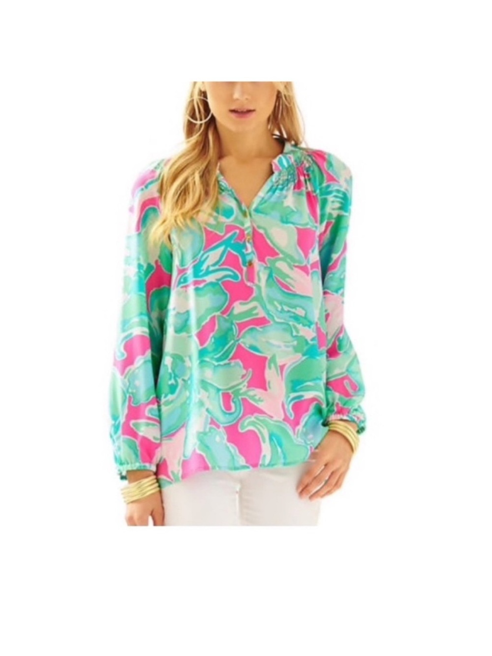 Lilly Pulitzer Elsa Silk Floral Green and Pink Women's Blouse Medium